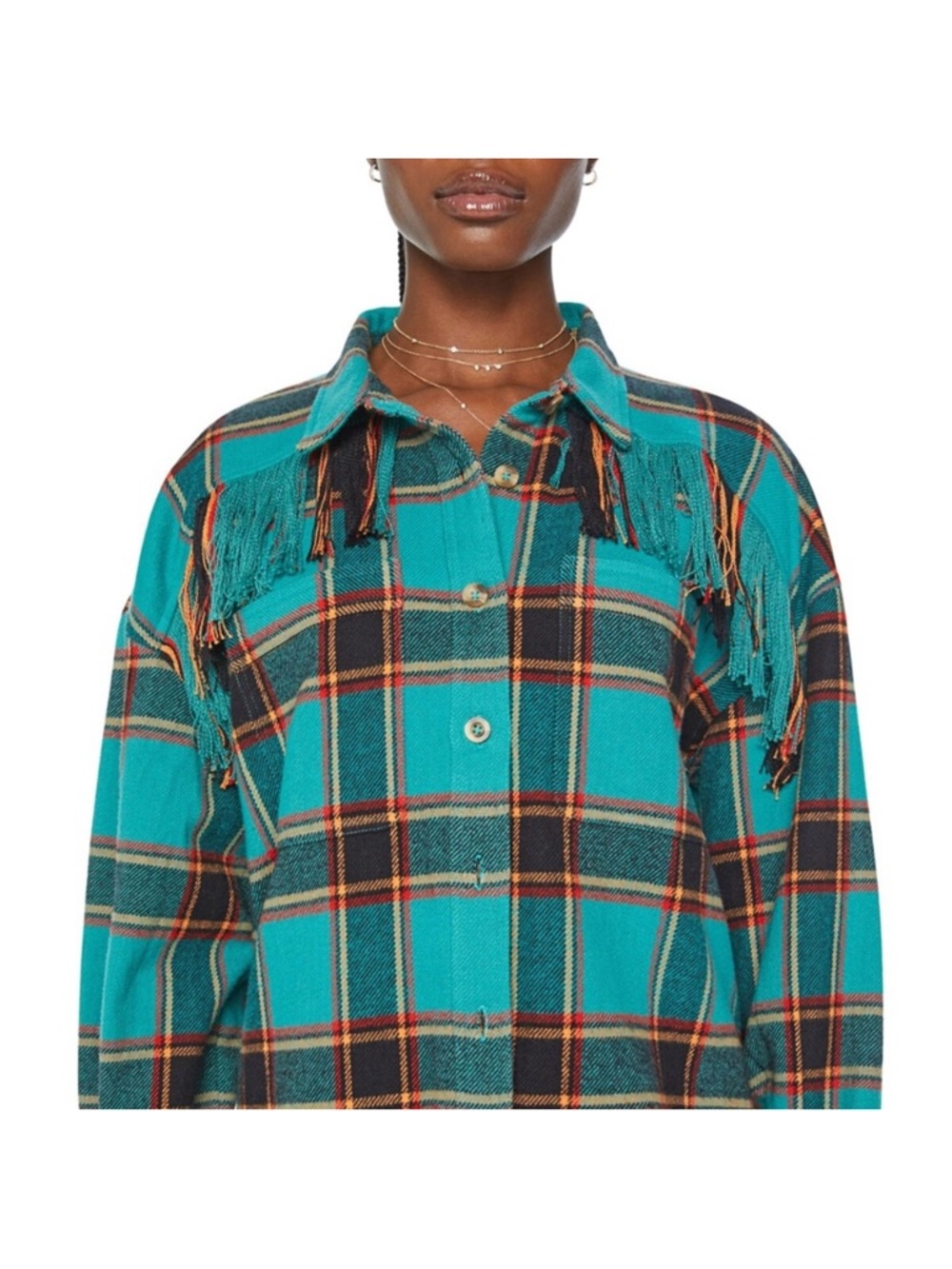 MOTHER The Fringe Benefits Teal Plaid Fringe Long Sleeve Shirt